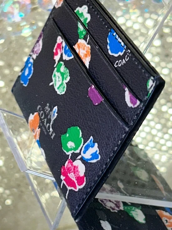Coach Black Floral Pebbled Leather Card Sleeve Approx. 4 x 2.5 - Picture 5 of 11